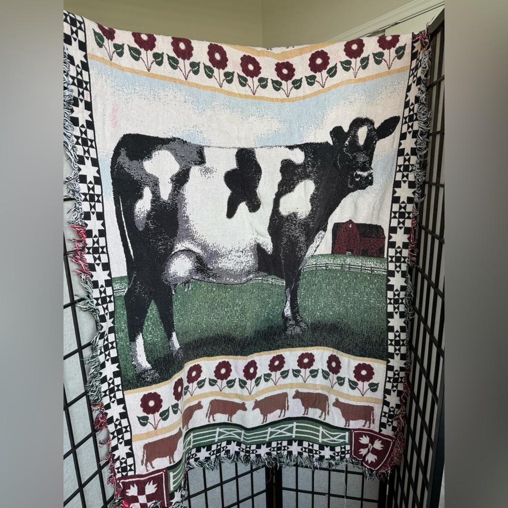 Vintage 1993 Cow Cotton Woven Tapestry Blanket by the Rug Barn farmhouse *read*